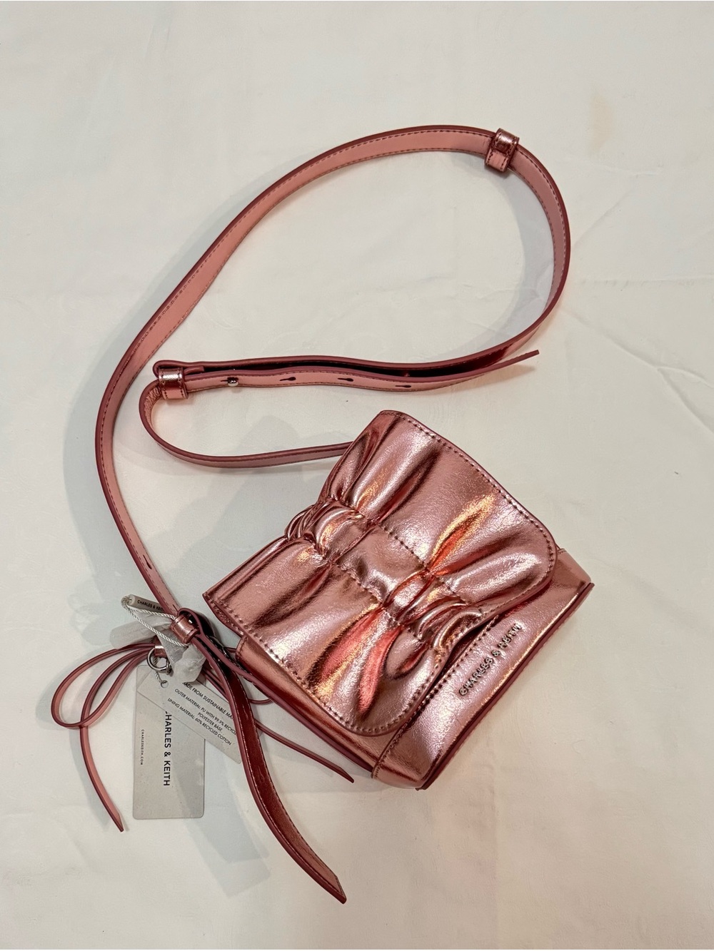 Charles & Keith Kadee Metallic Bow-Charm Ruched Mini Bag - Aura Pink XXS new - Picture 8 of 11